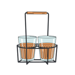 Two glasses of chai in a metal carrier.