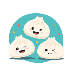 Three Adorable Cartoon Dumplings with Smiling Faces and Playful Winks.