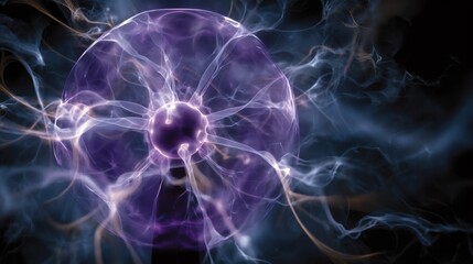 A mesmerizing close-up of a pulsating plasma ball. A purple and blue energy discharge against a dark background.