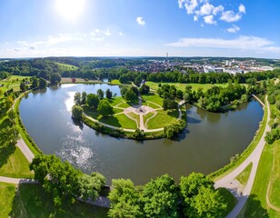Fototapeta premium Panoramic view of a park and lake