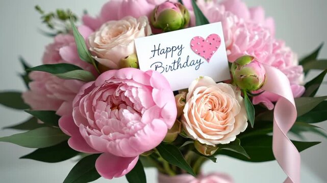 Beautiful bouquet of pink peonies and roses with a happy birthday card vector illustration
