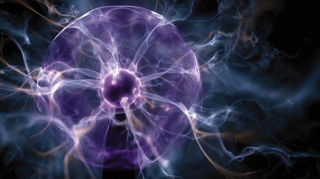 A mesmerizing close-up of a pulsating plasma ball. A purple and blue energy discharge against a dark background.