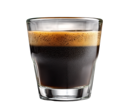 A shot of espresso in a clear glass with a thick layer of crema, isolated on transparent background