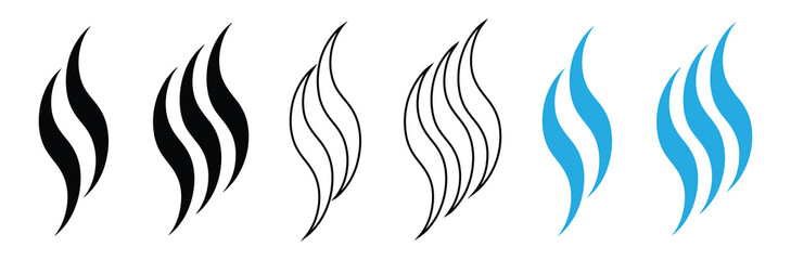 Abstract wave and flame icons in black, outline, and blue for modern design,Set of flame icons isolated on white background in different styles