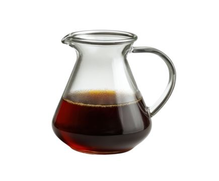 Glass coffee server with dark liquid, isolated on transparent background