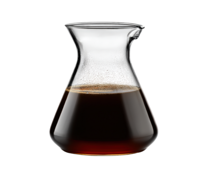 Glass coffee server with dark liquid, isolated on transparent background