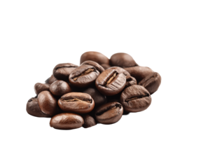 Pile of fresh roasted coffee beans isolated on transparent background, ideal for cafe and beverage branding
