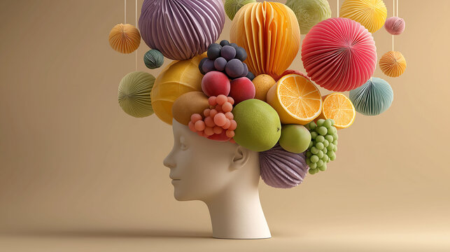 White mannequin head with paper lanterns and fruit brain on beige background - Powered by Adobe