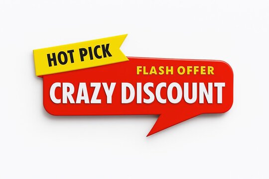 Bold red speech bubble with crazy discount and flash offer text plus a yellow hot pick banner