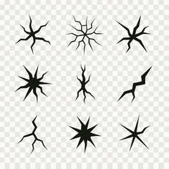 Set of isolated black crack patterns on white background. Vector icon.