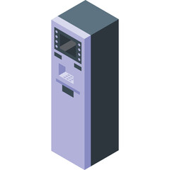 Isometric Pixel Art ATM Machine With Screen And Keypad In A Light Purple And Dark Gray Color Scheme And A Transparent Background