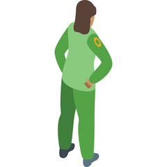 Isometric pixel art illustration of a person in a green uniform with hands on hips facing away from the viewer against a white background