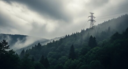 Misty mountain forest with sunbeams breaking through clouds