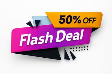 Bright and bold flash deal banner announcing a fifty percent off sale with vibrant colors and dynamic design elements