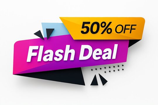 Vibrant flash deal banner with fifty percent off discount offer for sales and promotions