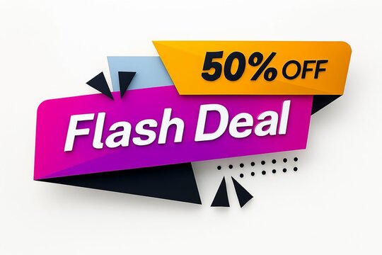 Vibrant flash sale banner with 50 percent off discount offer and geometric shapes for retail promotions - Powered by Adobe