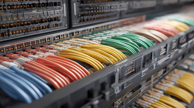 Colorful cables neatly organized in a server room, showcasing advanced technology and data management