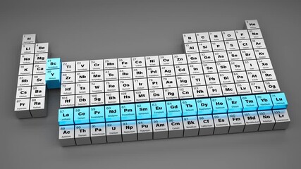 Rare earth elements in the periodic table of elements in French with atomic number, symbol and name of all elements and blue color for rare earths. Tableau périodique des éléments, terres rares