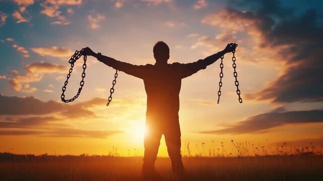 A man stands in an open field, holding broken chains above the head against a vibrant sunset backdrop, evoking sense of freedom and breaking the limits