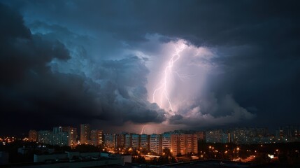 Fototapeta premium City Power Outage: Thunderstorm Causes Blackout in City at Evening
