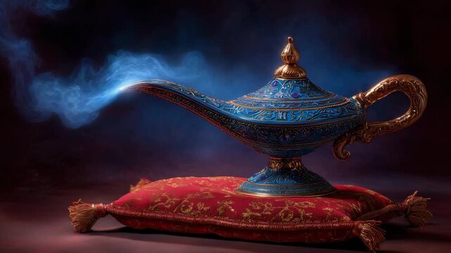 A traditional arabian lamp rests on an ornate pillow while wisps of smoke rise from its spout in a softly illuminated setting