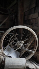 old and damaged bicycle wheels