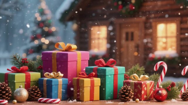 Festive Christmas scene featuring wrapped gifts surrounded by decorations like pine cones, candy canes, and ornaments. Perfect for holiday themes and merry celebrations.