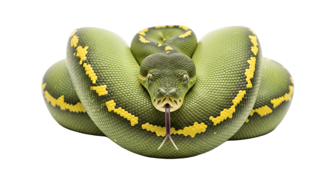 Green tree python snake with yellow markings coiled up.