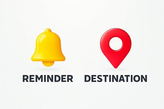 Yellow notification bell icon and red location pin icon symbolizing reminder and destination on a white background - Powered by Adobe