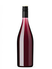 Dark red wine bottle with black foil cap on clean white background showing deep liquid color through glass