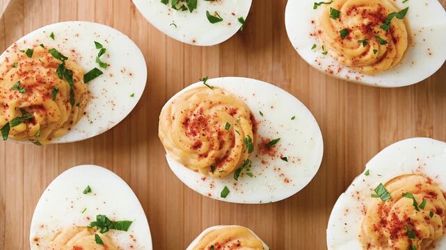 Homemade hard Boiled Deviled Eggs garnished with herbs. Top view
