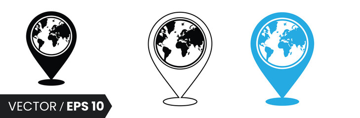 Global location pin with world map inside, modern icon design for travel,World map location pin icon set isolated on white background