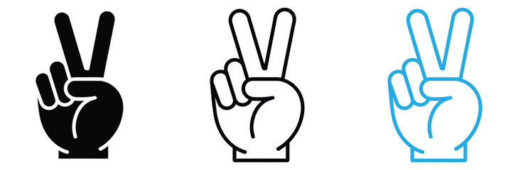 Hand peace icons graphics set in black and blue colors,Peace sign hand gestures for freedom, success, and victory in diverse styles,Hand gesture V sign for victory or peace flat vector icon