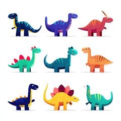 Bright colorful dinosaur set with geometric shapes and bold hues, playful illustration style.