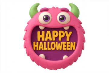 3D cute monster with big eyes and Happy Halloween text