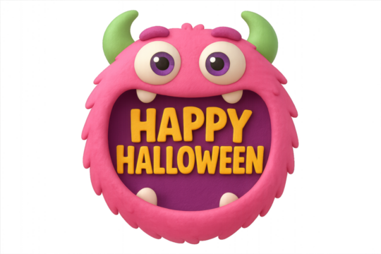 3D cute monster with big eyes and Happy Halloween text