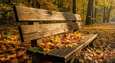 Wooden park bench covered in colorful fallen autumn leaves on a sunny day