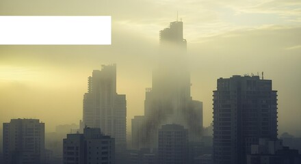 Fototapeta premium Aerial panoramic view of a coastal city blanketed in dense smog at dawn, harbor and ships faint through atmospheric haze muted sunrise tones skyline silhouettes, urban pollution and air quality crisis
