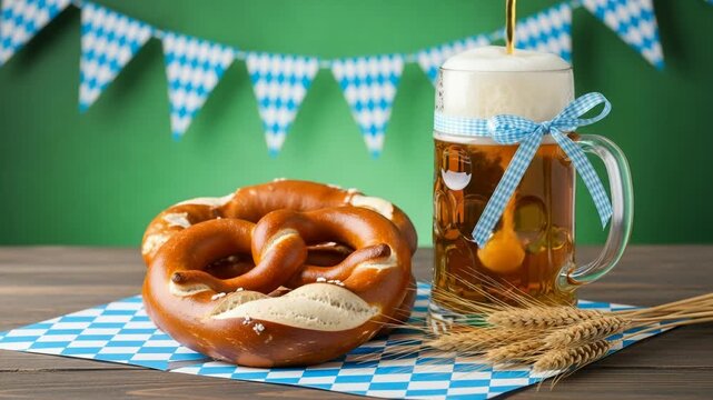 Oktoberfest beer and pretzels with bavarian flag bunting