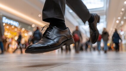 Businessman's feet in black shoes running in a mall