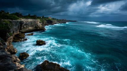 Dramatic stormy seascape with vibrant turquoise water crashing against rugged cliffs, a powerful and awe-inspiring natural scene for travel inspiration