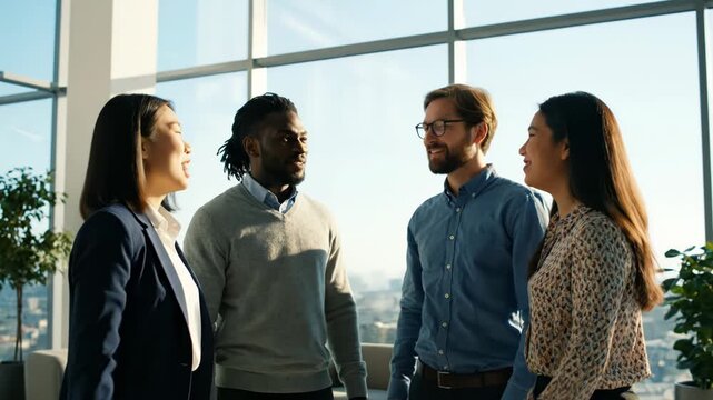 A diverse group of four colleagues, two men and two women, highfiving each other in a bright office setting, celebrating a shared success vector illustration