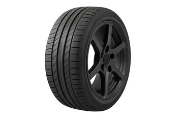 Obraz premium Car tire with black alloy wheel showing rubber tread pattern, creating an automotive and transportation concept