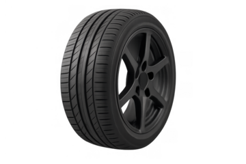 Car tire with black alloy wheel showing rubber tread pattern, creating an automotive and transportation concept