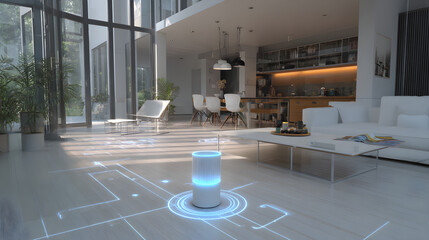 Sleek smart home device with futuristic floor interface in a bright modern living room, perfect for technology and interior design concepts