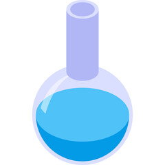 Isometric illustration of a round laboratory flask filled with blue liquid and a light purple neck on a transparent background symbolizing science and research