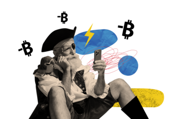 Exclusive art banner collage of puzzled pirate man miner hold phone blockchain bankrupt reduction money loss parrot cryptocurrency