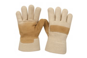 Pair of beige leather work gloves presenting protective gear for safety and labor on transparent background