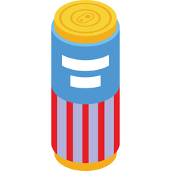 Isometric illustration of a soda can with red white and blue stripes and a golden lid featuring a subtle beverage logo on a transparent background