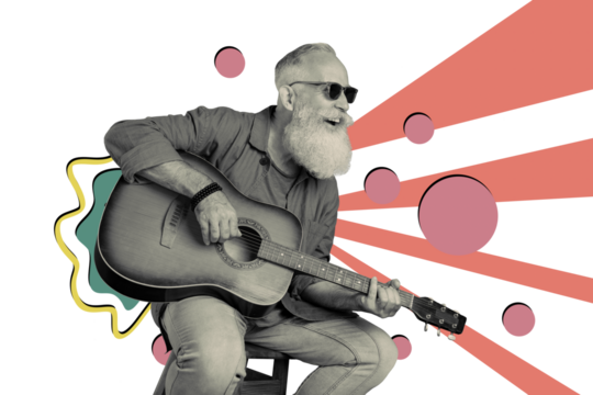 Collage picture elder pensioner play guitar talented performer strings song chords classic acoustic instrument professional hobby